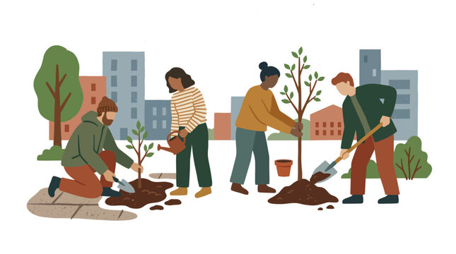 Diverse volunteers planting trees in an urban community park for greener neighborhoods.