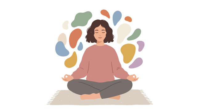 Woman Meditating Cross-Legged with Colorful Abstract Background.