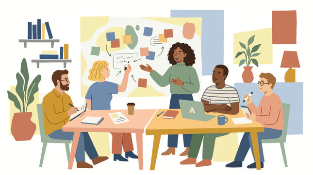 Diverse team collaborating in a creative office brainstorming session.