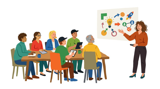 Female teacher presenting a colorful science lesson to attentive young students in a classroom setting.