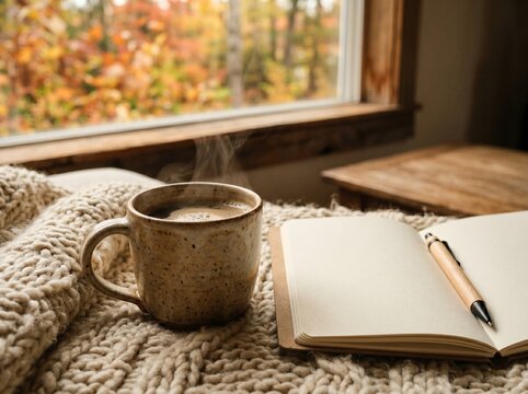 Cozy Autumn Scene Coffee Cup Open Notebook and Nature View