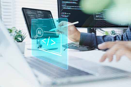 AI software developer analyzing source code on digital tablet with hologram coding interface and machine learning overlay in modern workspace, cloud programming and intelligent automation technology