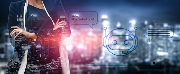 A business professional stands with arms crossed, engaging with a digital chatbot interface above a city skyline, symbolizing innovation in customer service and AI technology. Cyphers © InfiniteFlow