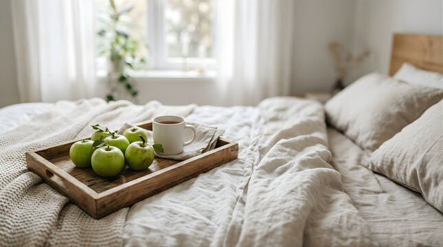Breakfast tray with fresh green apples and tea on a cozy bed in a room