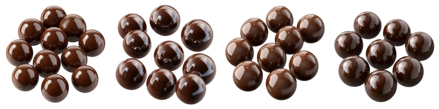 Set of Four Piles of Chocolate Truffle Balls Isolated on White Background - Sweet Confectionery and Dessert Collection
