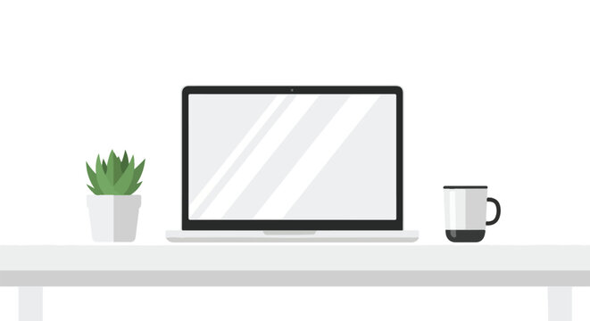 A modern workspace illustration featuring a laptop, a small green succulent plant, and a white coffee mug arranged on a clean white desk surface.