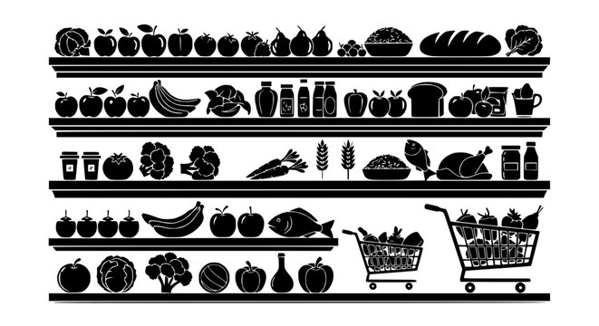 Grocery Store Shelves Filled with Food Icons: Fruits, Vegetables, Bread, Fish, and Shopping Carts