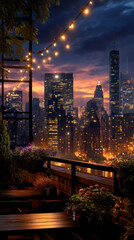 Fototapeta premium Rooftop terrace city skyline sunset string light skyscraper urban night us labor day evening celebration with warm string light glowing above
