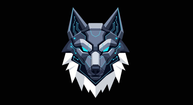 Geometric Wolf Head Illustration with Glowing Blue Eyes.