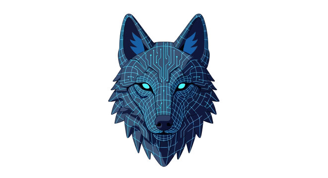 Digital Geometric Wolf Head with Glowing Blue Eyes.