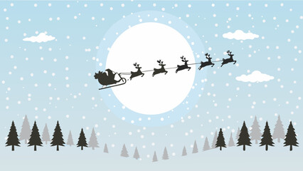 santa s sleigh with reindeer flying across a full moon illustration © Raju