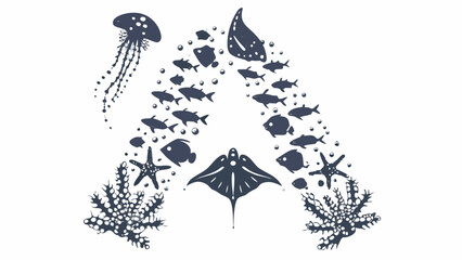 marine life illustration with jellyfish manta ray and schools of fish © Raju
