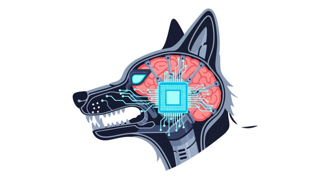 Cybernetic wolf head with illuminated digital brain design.