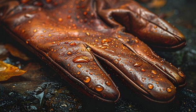 Brown leather glove with rusty spots.