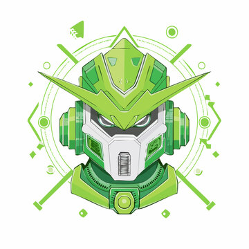 Green Robot Head with Geometric Patterns