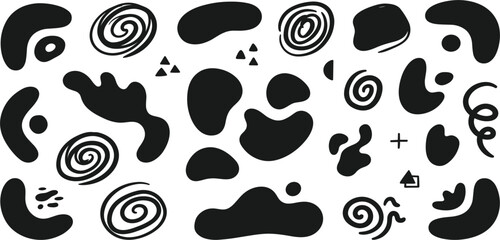 Fototapeta premium Abstract Organic Blob Shape Collection Featuring Minimal Black Fluid Elements, Hand Drawn Swirls, and Modern Artistic Vector Design Components