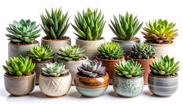 Vibrant Potted Succulent Collection Arranged in Ceramic Planters on White Background
