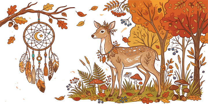 Boho Autumn Forest Scene Featuring Dreamcatcher, Woodland Deer, Falling Leaves, Mushrooms, and Cozy Nature Inspired Vector Illustration Design