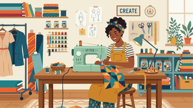 2D Flat Vector Woman sewing at a colorful craft table with fabric and supplies