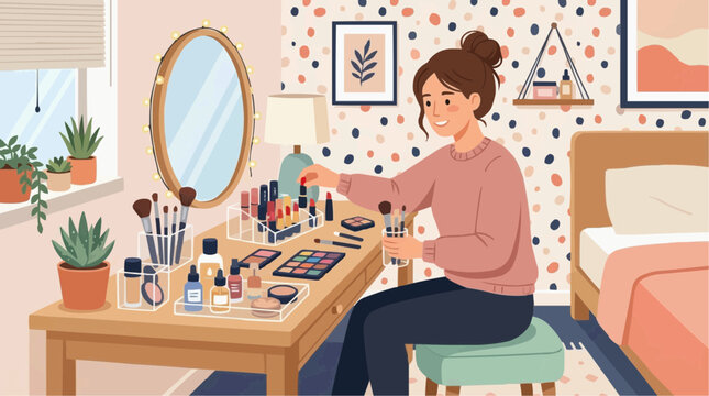 2D Flat Vector Young woman applying makeup at vanity table with mirror and plants in bedroom