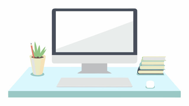 computer monitor with desk and office supplies flat vector illustration