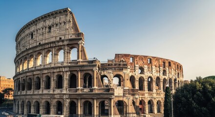 Fototapeta premium The Ancient Colosseum in Rome Italy under a Clear Blue Sky, an Iconic Roman Amphitheater Landmark