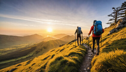 Obraz premium Two hikers with backpacks walking along a mountain trail during a bright golden sunrise in this scenic outdoor nature photograph