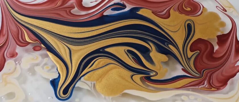 Generative AI, Flat layout of metallic gold grain paint spreading into deep navy and burgundy fluid background