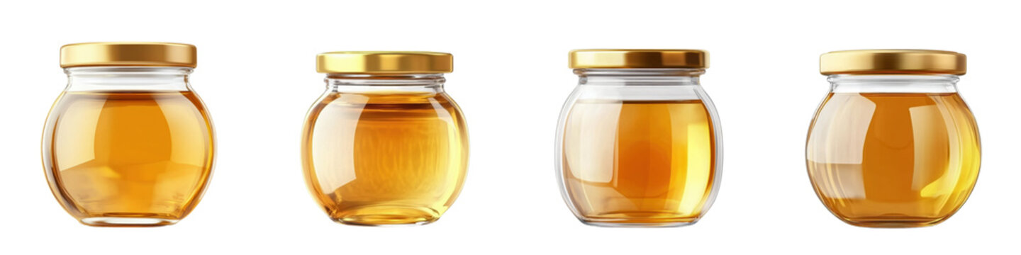 Set of Four Glass Jars of Golden Honey Isolated on White Background - Sweet Food and Breakfast Ingredient Collection
