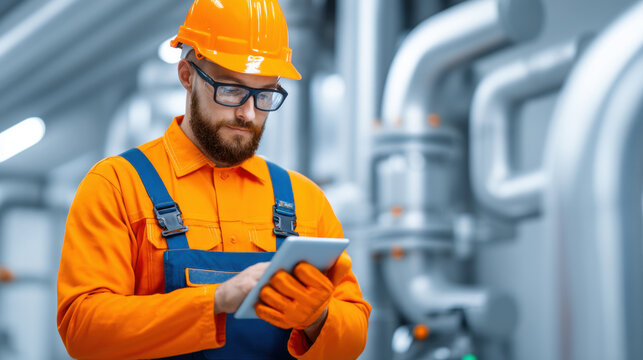 Industrial worker hard hat safety glasses tablet factory engineering us labor day maintenance check tablet inside factory calm focus near pipe