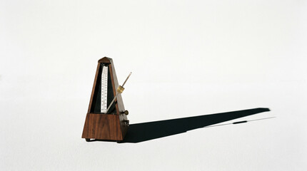 Obraz premium Clean studio composition featuring musical metronome object casting long shadow onto crisp white surface background.