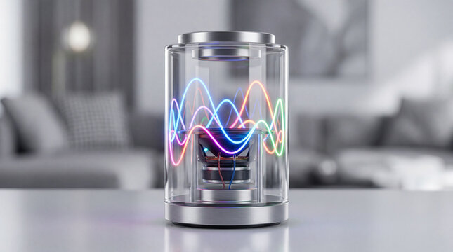 Transparent glass speaker design containing colorful neon sound waves inside modern product style photography mockup.