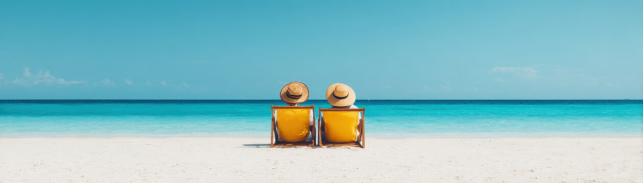 Beach ocean couple vacation summer relaxation us labor day seaside chairs on white sand under blue sky calm turquoise water tranquil escape