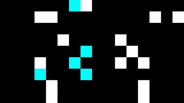 Abstract digital motion background featuring flickering cyan and white pixel squares appearing and disappearing against a deep black void space