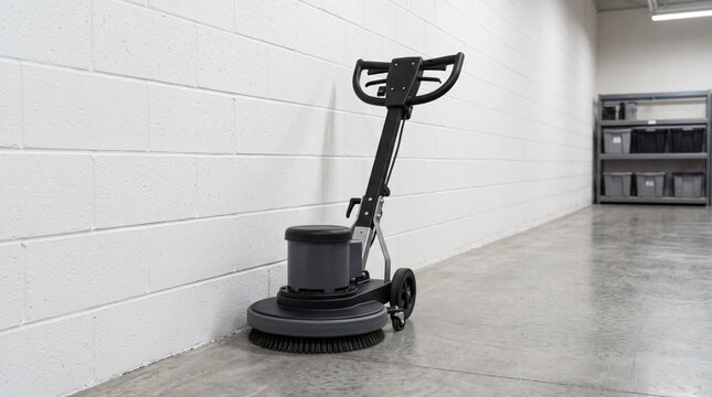 Commercial Walk Behind Floor Buffer Machine Parked Neatly Against Clean White Interior Studio Wall Space