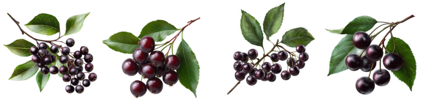 Set of Four Bunches of Black Grapes with Leaves Isolated on White Background - Fresh Fruit and Wine Ingredient Collection

