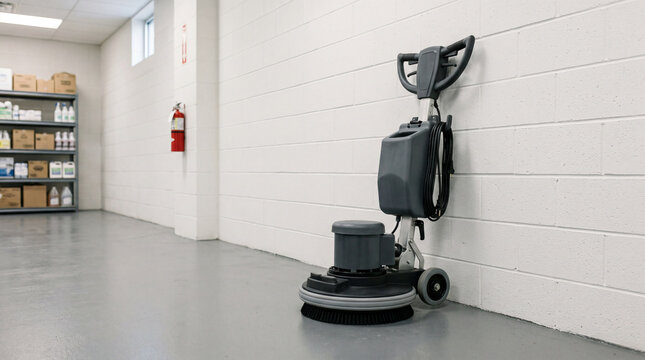Commercial Walk Behind Industrial Floor Buffer Machine Parked Neatly Against Clean White Studio Wall Photography