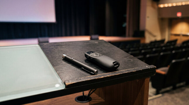 Professional presenter office accessories showing electronic laser pointer resting beside generic unbranded remote clicker pad