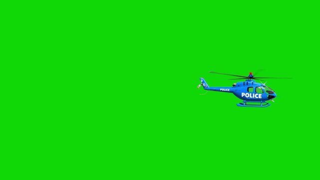 A 2D animated blue police helicopter with spinning rotors flies into view against a solid green screen backdrop. Perfect for emergency service themes, city rescue animations, or educational video cont