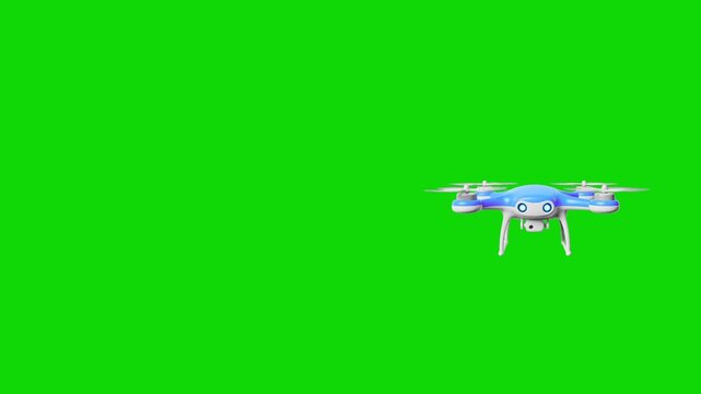 A sleek blue and white unmanned aerial vehicle quadcopter drone hovering and moving forward into the frame from the right. This detailed 3D animated drone asset features fast spinning propellers, isol