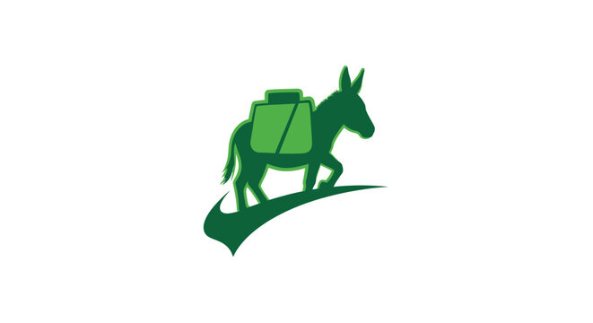 Green donkey logo with backpack on grass trail.