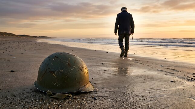 Veteran walks along the sandy shore near an abandoned military helmet today.