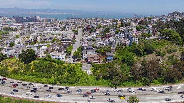 San Francisco Potrero Hill Aerial Pullback With Bay and Hillside Homes