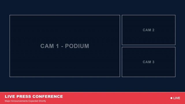 Digital multi screen layout frame for press conference broadcast featuring placeholder camera panels and red live news event ticker text
