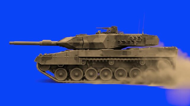 A highly detailed 3D asset of a Leopard 2A7 military main battle tank in desert camouflage standing stationary against a solid blue backdrop. This high-density armored asset is perfectly tailored for 