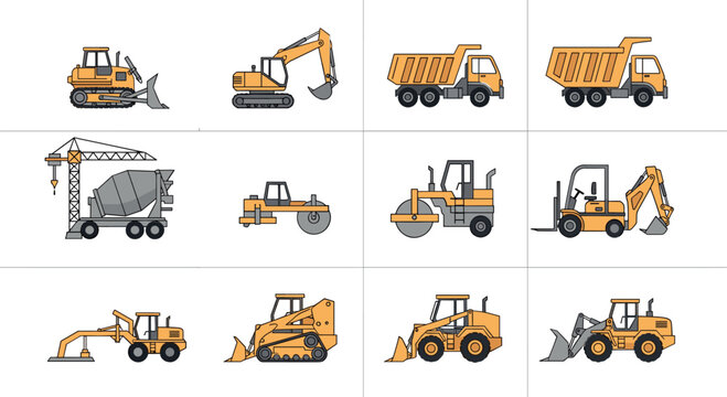 Construction machinery vehicle collection with excavator bulldozer crane loader and dump truck for industrial equipment design