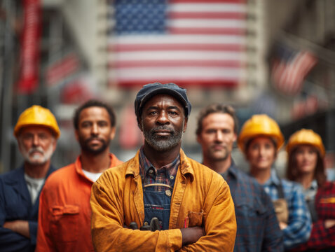 Labor day us worker construction team portrait american flag industry unity labor day us worker portrait with american flag background