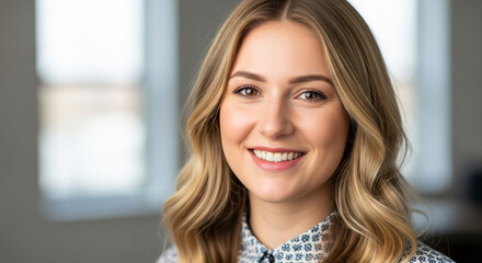 Fototapeta premium Close-up portrait of an attractive blonde woman with a warm and genuine smile, perfect for positive lifestyle and beauty concepts