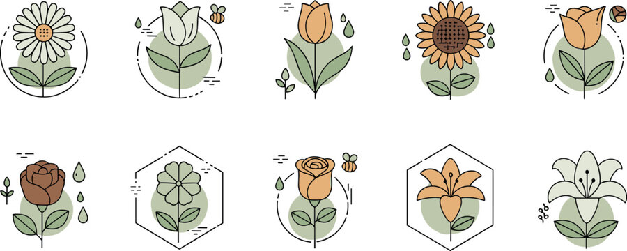 Decorative Flower Badge Icon Set With Roses Daisies Tulips Sunflowers And Botanical Floral Frames Vector Illustration