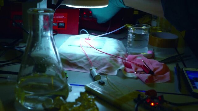 Microfluidic device chip flow representing organ on a chip technology and advanced lab on a chip diagnostics research in 4K Ultra HD footage
